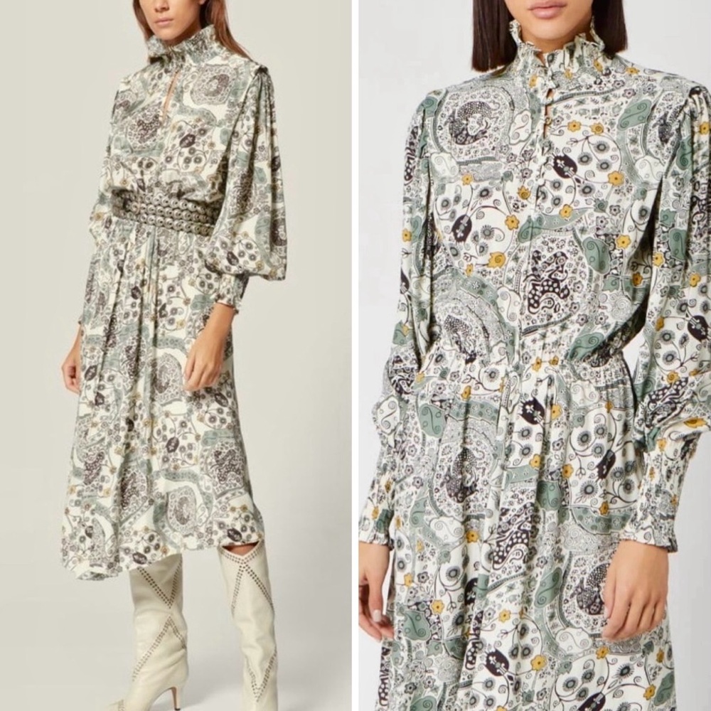 Isabel Marant Cream Paisley Long Sleeve Midi Dress with Green and Black Accents